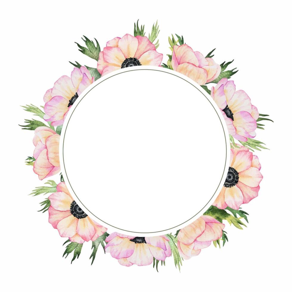 Anemone rose flowers and leaves. Isolated hand drawn watercolor frame of pink poppies. Summer floral wreath for wedding invitations, cards, packaging of goods vector