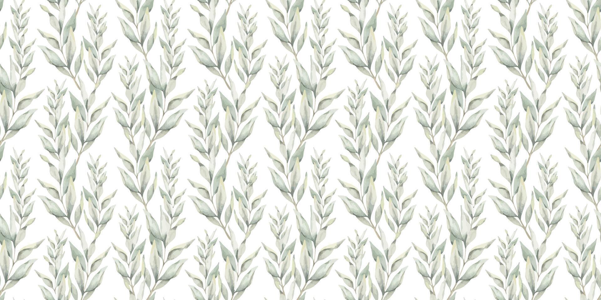Green branches with leaves. Hand drawn watercolor seamless pattern of Twigs. Summer floral background for wedding design, textiles, wrapping paper, scrapbooking vector