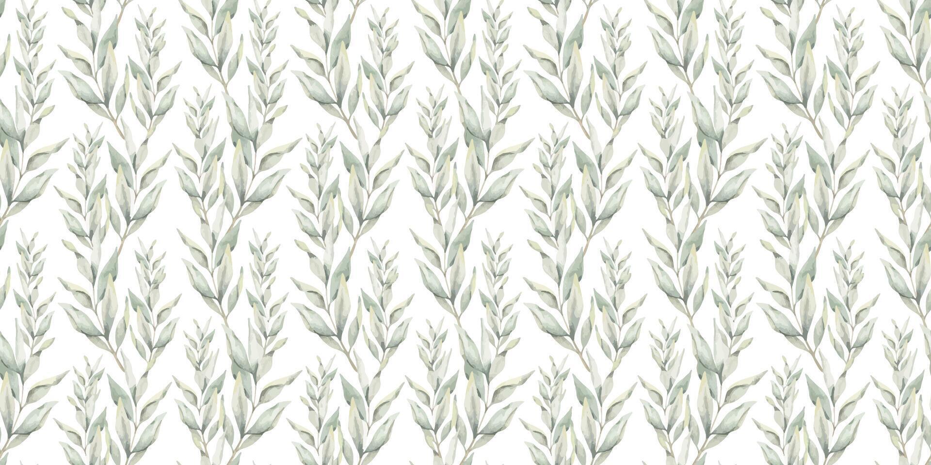 Green branches with leaves. Hand drawn watercolor seamless pattern of Twigs. Summer floral background for wedding design, textiles, wrapping paper, scrapbooking vector