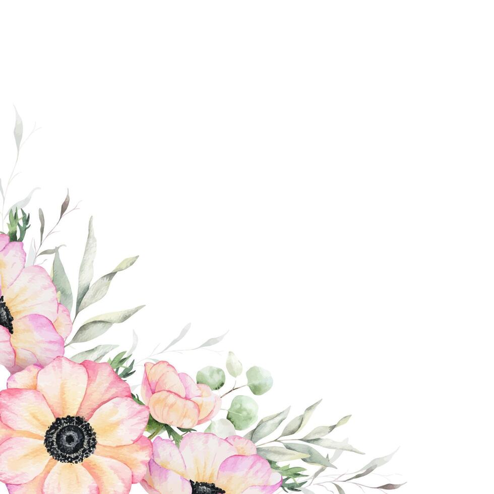 anémona Rosa flores y hojas. aislado mano dibujado acuarela marco de rosado amapolas verano floral guirnalda para Boda invitaciones, tarjetas, embalaje de bienes vector