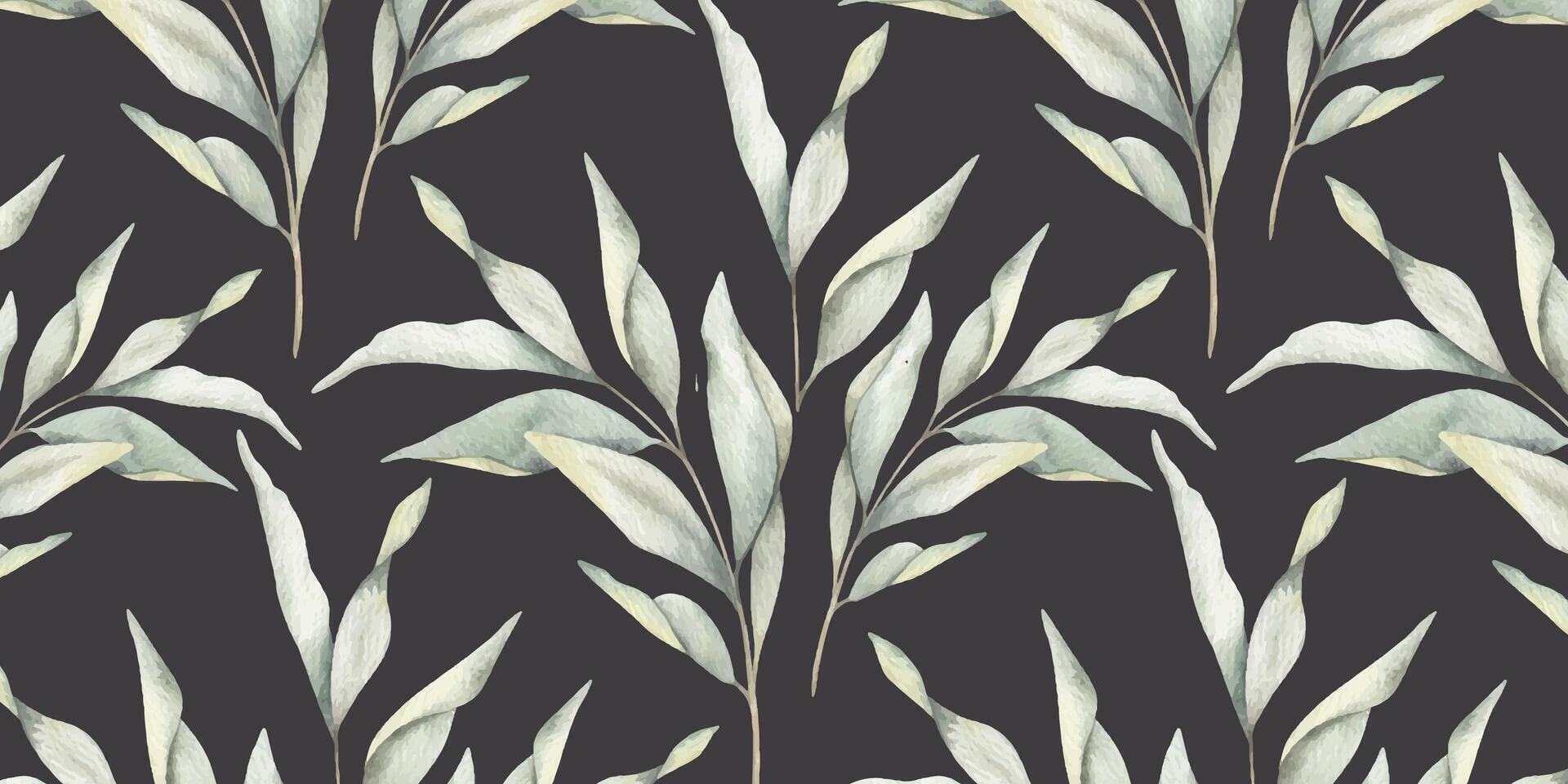 Green branches with leaves. Hand drawn watercolor seamless pattern of Twigs. Summer floral background for wedding design, textiles, wrapping paper, scrapbooking vector