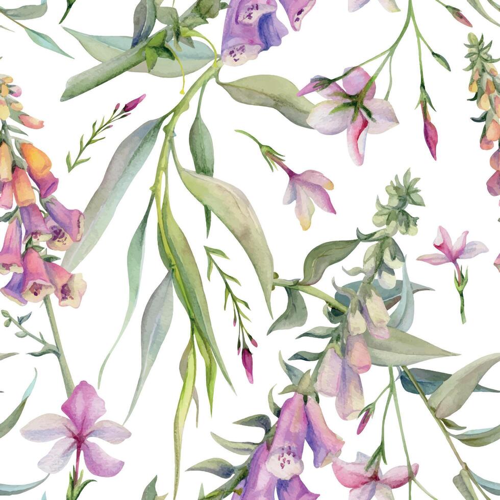 Hand drawn watercolor illustration boho botanical flowers leaves. Foxglove snapdragon lupin, willow eucalyptus, pink lobelia jasmine. Seamless pattern isolated on white. Design wedding, love cards vector