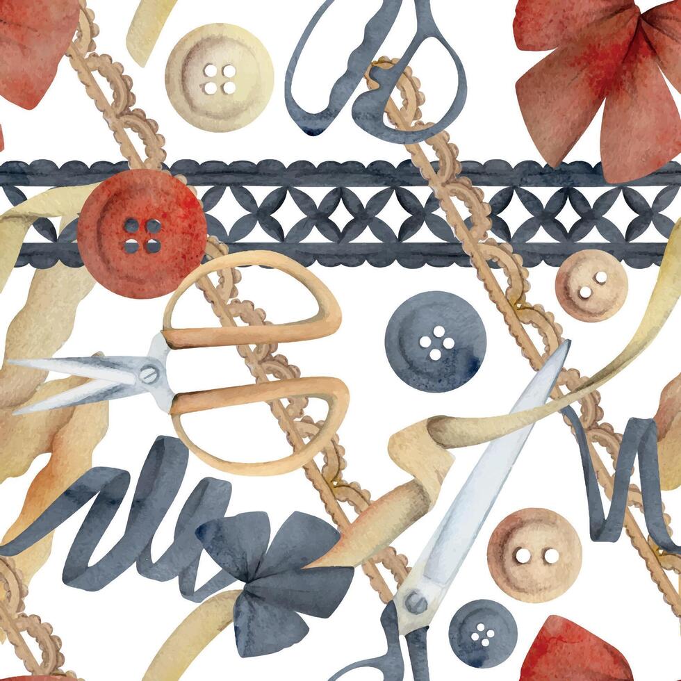 Hand drawn watercolor illustration sewing craft supplies. Fabric scissors snaps, wooden buttons ribbon lace, indigo beige red. Seamless pattern isolated white background. Atelier, tailor, hobby shop vector