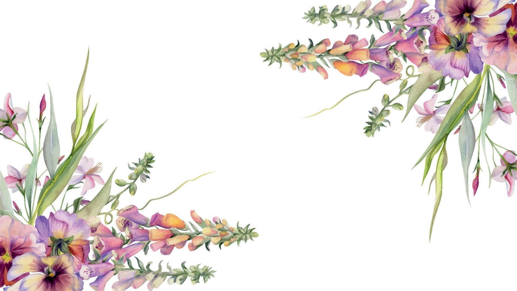 mano dibujado acuarela ilustración botánico flores hojas. dedalera boca de dragón lupino, color de malva pensamiento viola, sauce eucalipto sucursales, aguileña. marco aislado en blanco. diseño boda, amor tarjetas vector