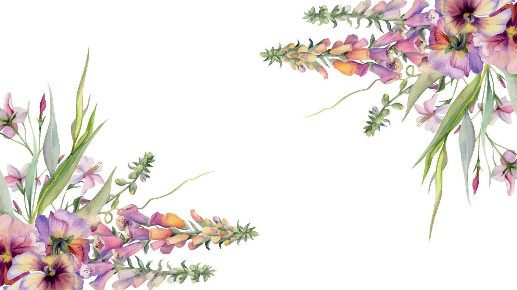 Hand drawn watercolor illustration botanical flowers leaves. Foxglove snapdragon lupin, mauve pansy viola, willow eucalyptus branches, columbine. Frame isolated on white. Design wedding, love cards vector
