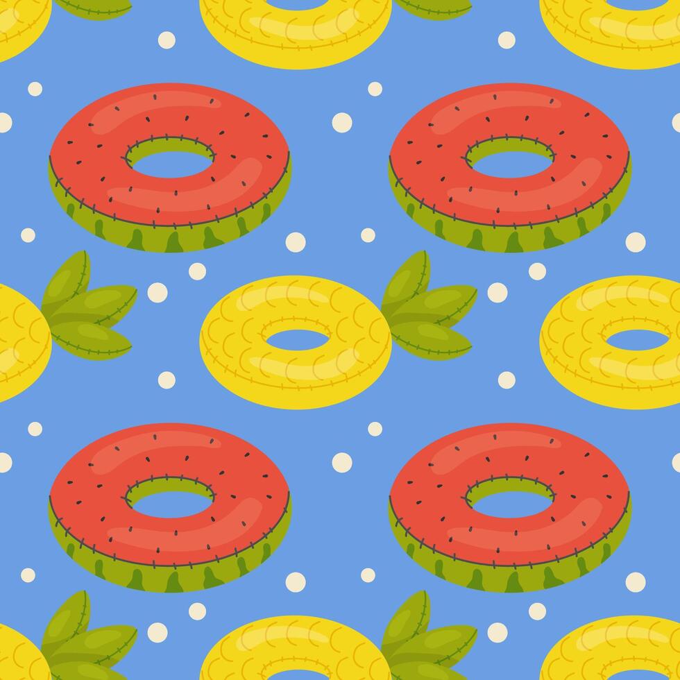 Seamless pattern, fruit shaped swim lap, pineapple and watermelon, kids inflatable vector
