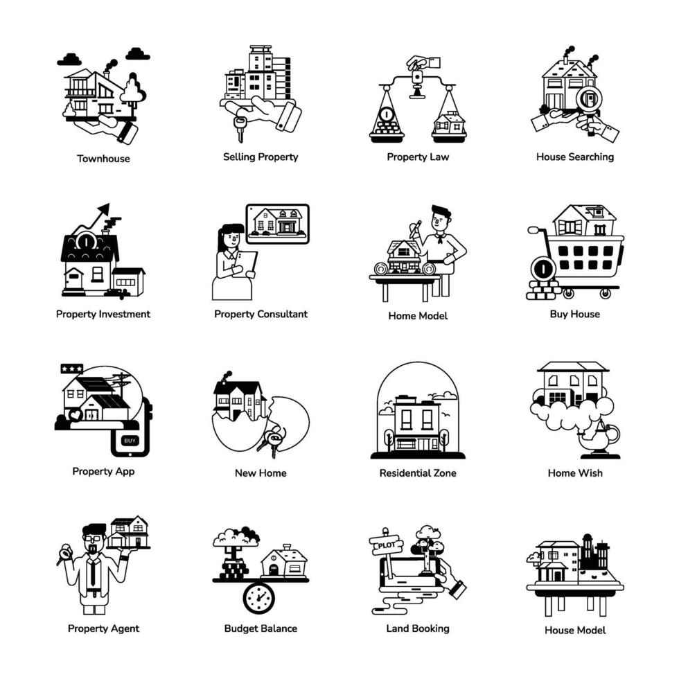 Set of 16 Real Estate Glyph Icons vector