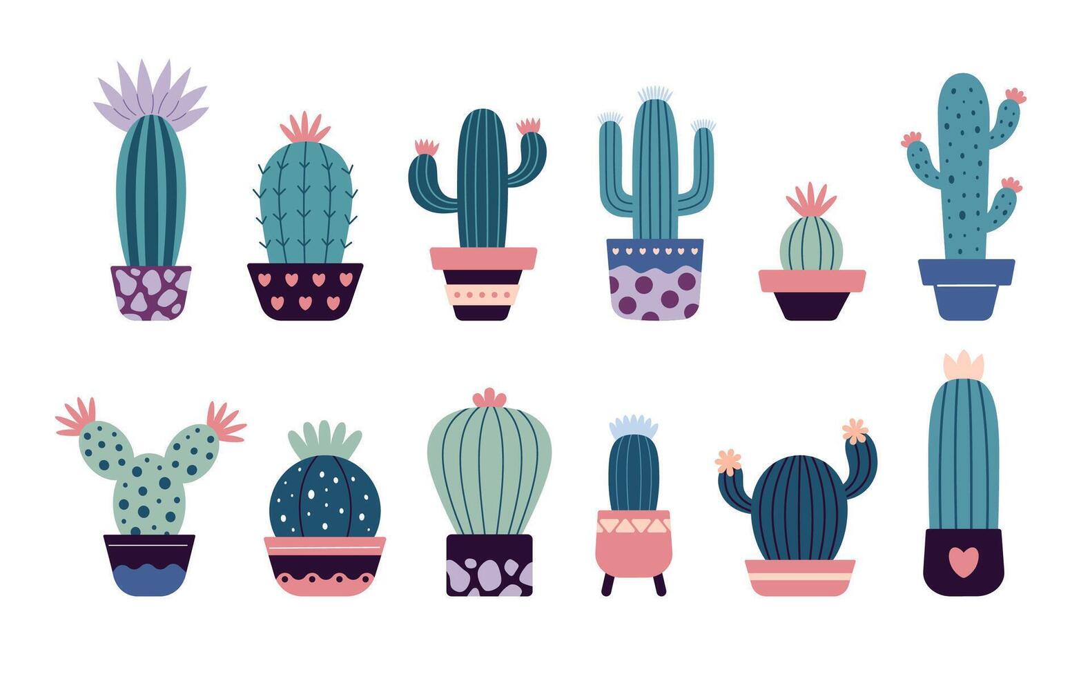 Set of blooming cacti, succulents in pots. Cute cartoon cactus. Doodle style, flat design. Scandinavian, boho style illustration. Exotic and Tropical Plant, home decor vector