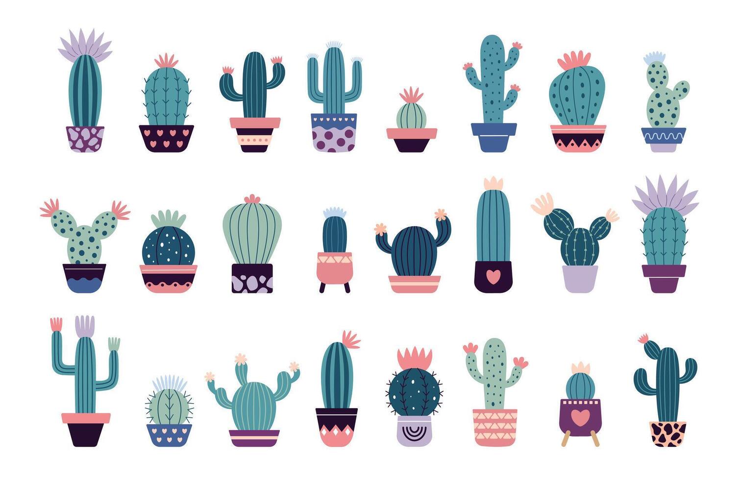 grande conjunto de floreciente cactus, suculentas en ollas. linda dibujos animados cactus. garabatear estilo, plano diseño. escandinavo, boho estilo ilustración. exótico y tropical planta, hogar decoración vector