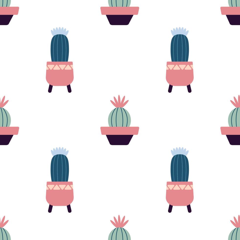 Cute cacti in boho style. Cactus seamless pattern. Trendy boho texture. Cacti fabric print design. Succulent textile. Flat design, doodle style, white background vector