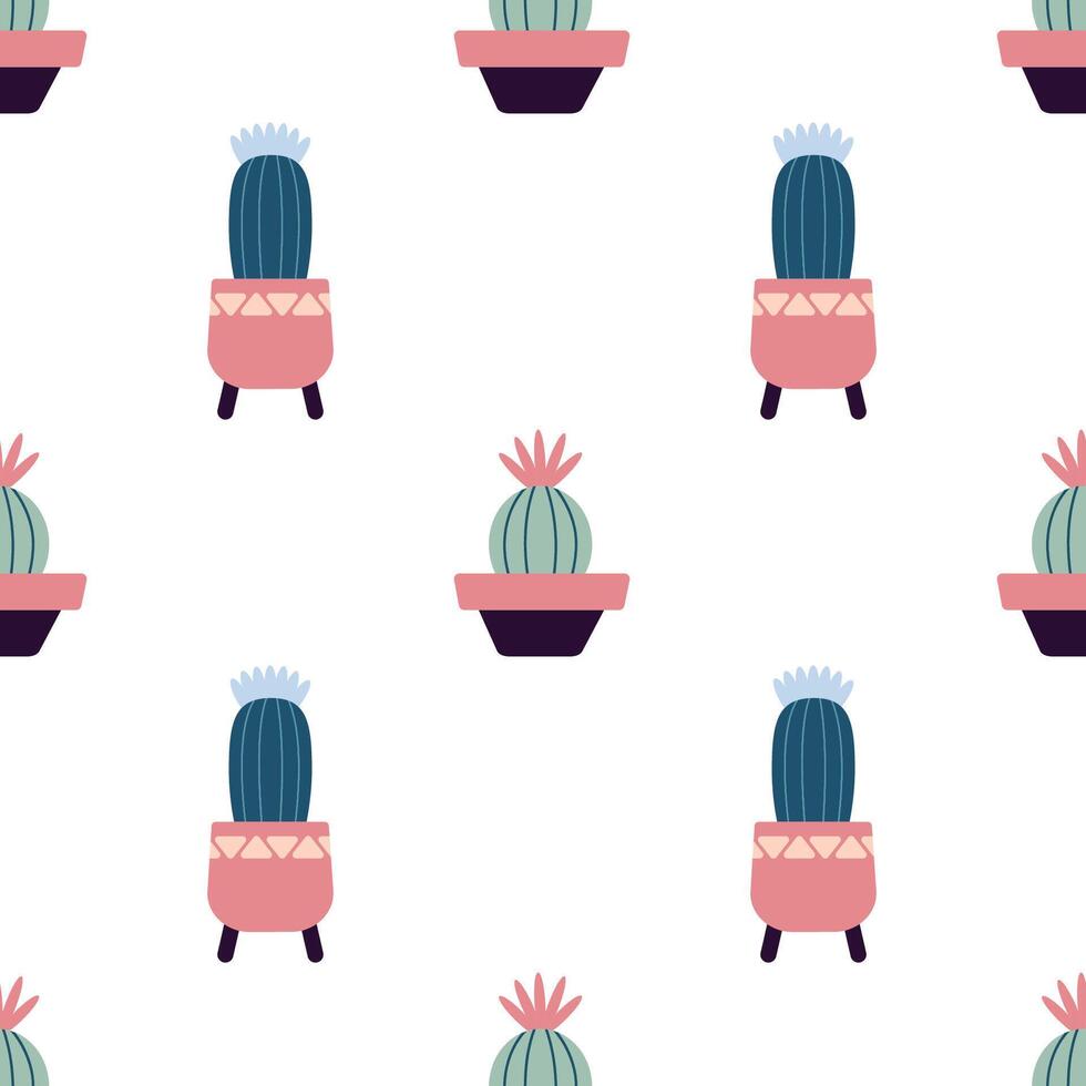 Cute cacti in boho style. Cactus seamless pattern. Trendy boho texture. Cacti fabric print design. Succulent textile. Flat design, doodle style, white background vector