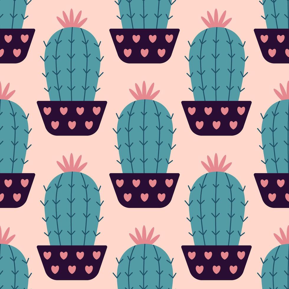 Cute cacti in boho style. Cactus seamless pattern. Trendy boho pattern. Cacti fabric print design. Succulent textile. Flat design, doodle style, Peach Fuzz background vector