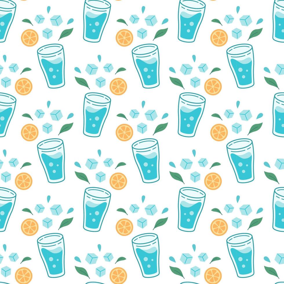 World water day seamless pattern. Drink more water concept pattern. Water in drinking glass with ice cubes and orange, mint. Zero waste concept illustration. vector