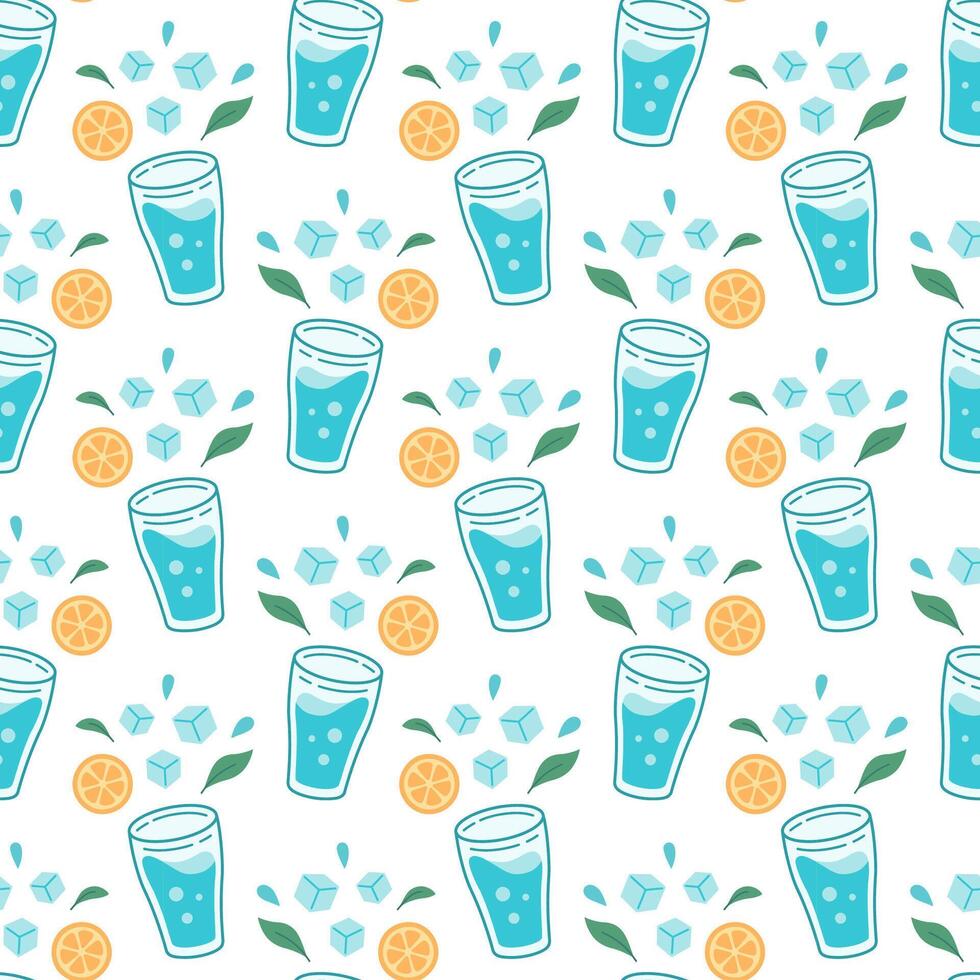 World water day seamless pattern. Drink more water concept pattern. Water in drinking glass with ice cubes and orange, mint. Zero waste concept illustration. vector