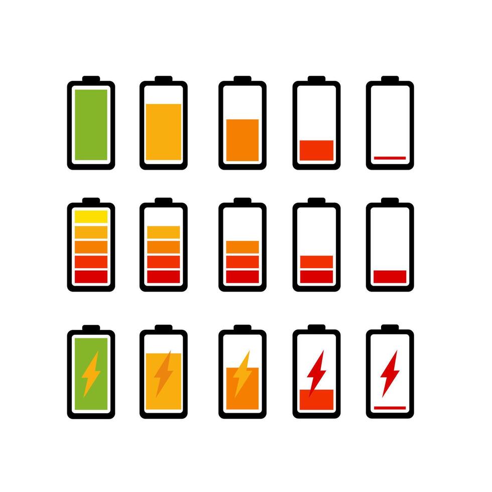 Battery charge indicator icons. Phone charge level, color collection of charge power. Discharged and fully charged battery. Battery charge from high to low. Illustration. vector