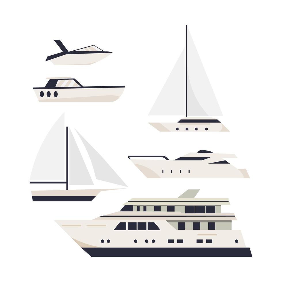 Ships at sea, shipping boats, ocean transport icons set vector
