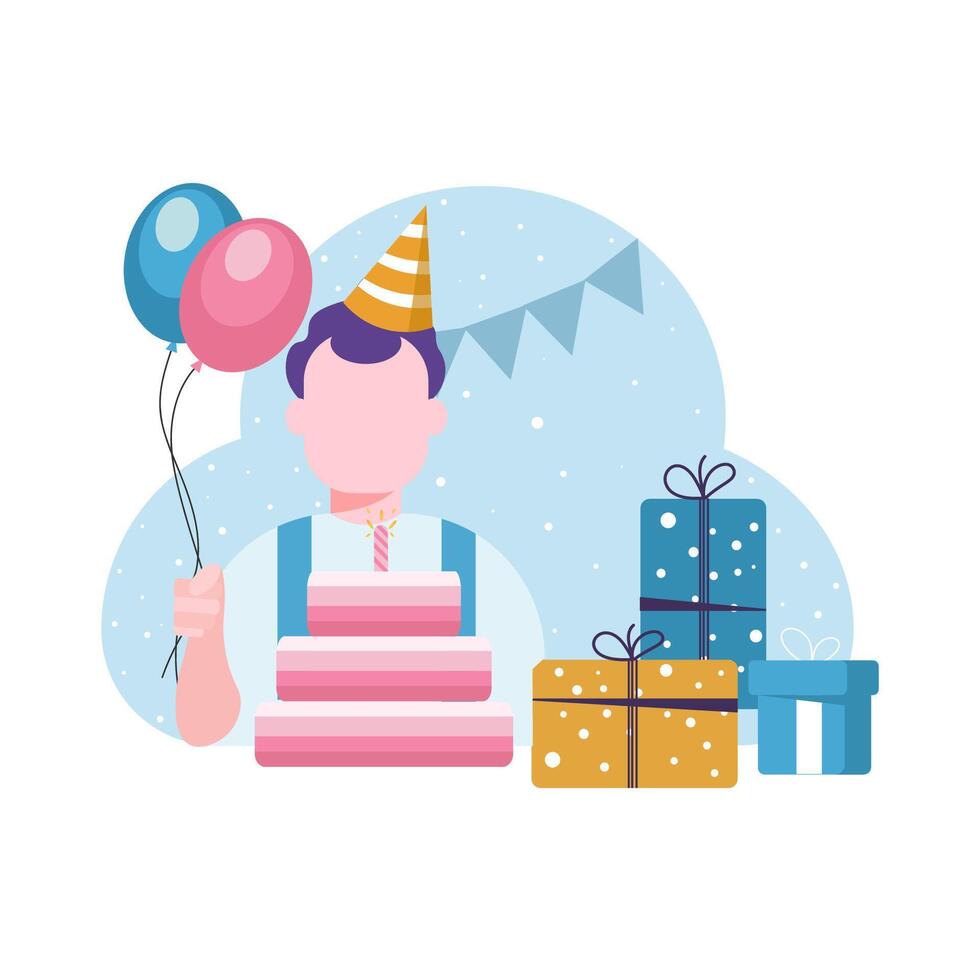 Happy man celebrating birthday with cake. Flat graphic illustration isolated on white background vector