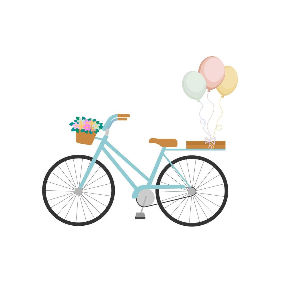 of women's bicycles with a basket of flowers and layers. Flat style. vector