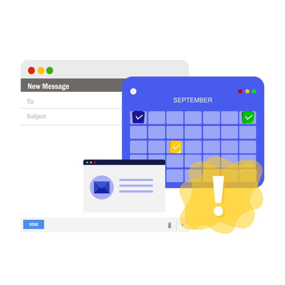 planning the day, scheduling meetings in the calendar application. A person who sends a message, checks in, adds an event, meets a reminder in a scheduling app. Flat symbol. vector