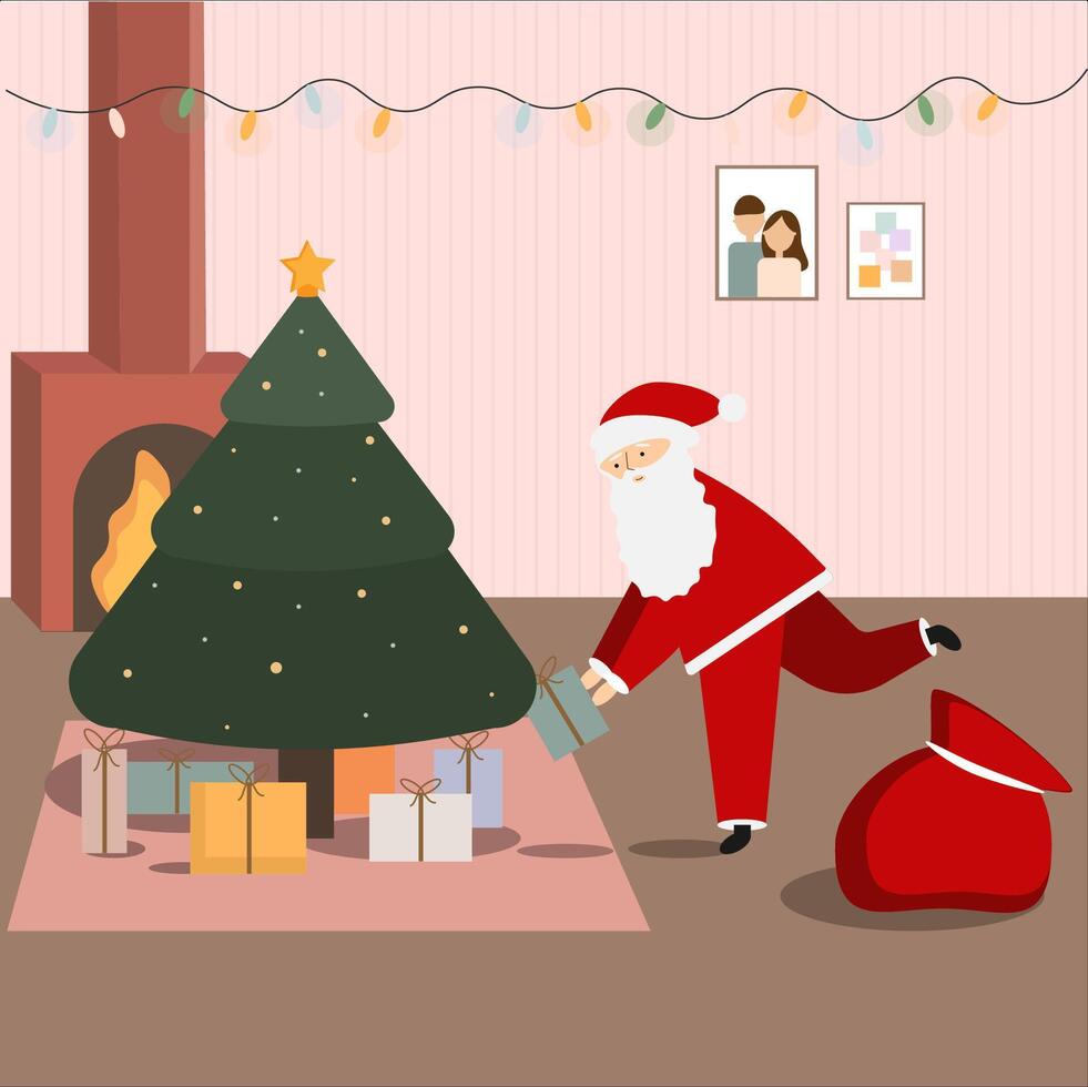 Santa Claus puts a gift under the tree. Fireplace in the background. . vector