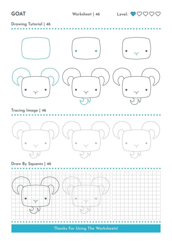 How to Draw Doodle Animal Goat, Cartoon Character Step by Step Drawing Tutorial. Activity Worksheets For Kids vector