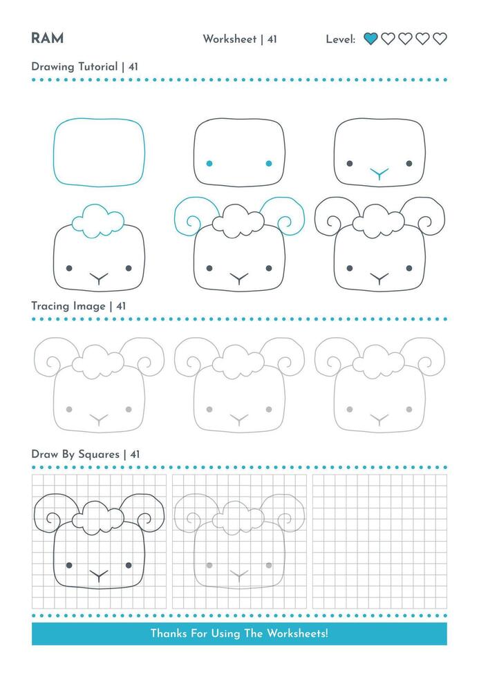 How to Draw Doodle Animal Ram, Cartoon Character Step by Step Drawing Tutorial. Activity Worksheets For Kids vector
