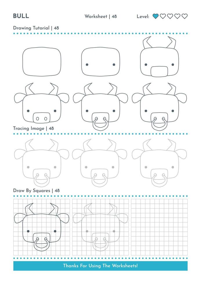 How to Draw Doodle Animal Cow, Cartoon Character Step by Step Drawing Tutorial. Activity Worksheets For Kids vector
