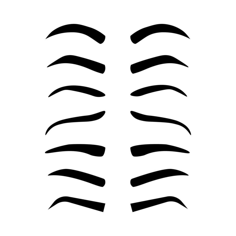 Cartoon eyebrows shapes, thin, thick and curved eyebrows. Classic eyebrows, brow makeup shaping illustration set. Various eyebrows types. Male and female different forms isolated on white vector