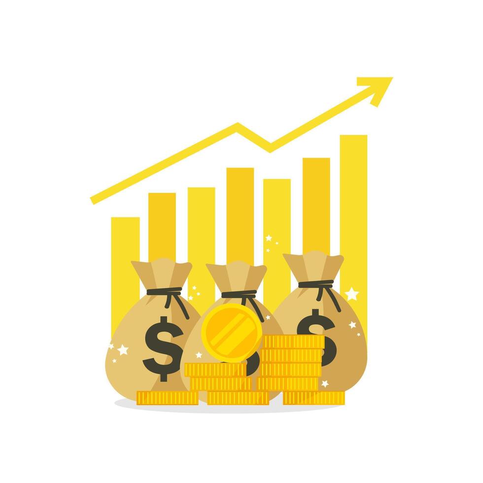 Money bag flat illustration. Dollars and gold coins stack. Wealth and banking icon. Isolated on white vector