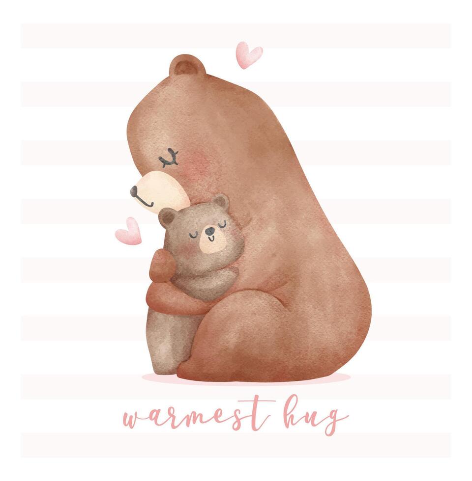 Heartwarming Mothers Day Bear Mom and Baby Cub hugging Adorable watercolor illustration. vector