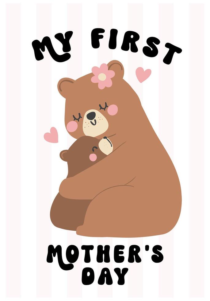 Heartwarming Mothers Day Bear Mom hug Baby Cub Adorable Greeting Card bnner Illustration. vector