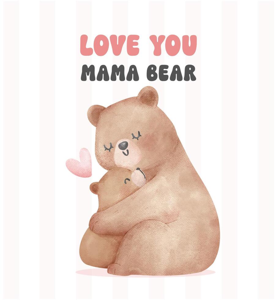 Heartwarming Mothers Day Bear Mom and Baby Cub hugging Adorable watercolor illustration. vector