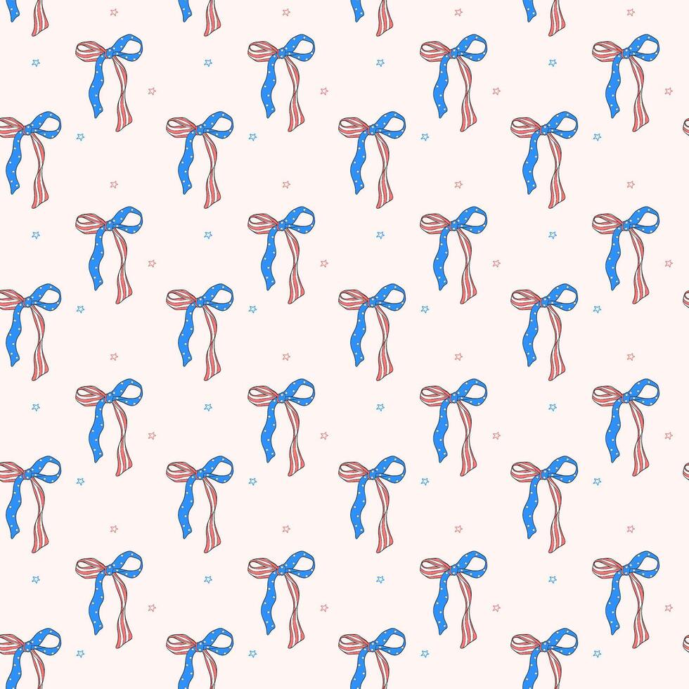 Coquette 4th of July ribbon bow seamless pattern retro trendy drawing repeating isolate on cream background vector