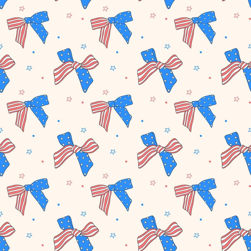 Coquette 4th of July ribbon bow seamless pattern trendy drawing repeating isolate on cream background vector