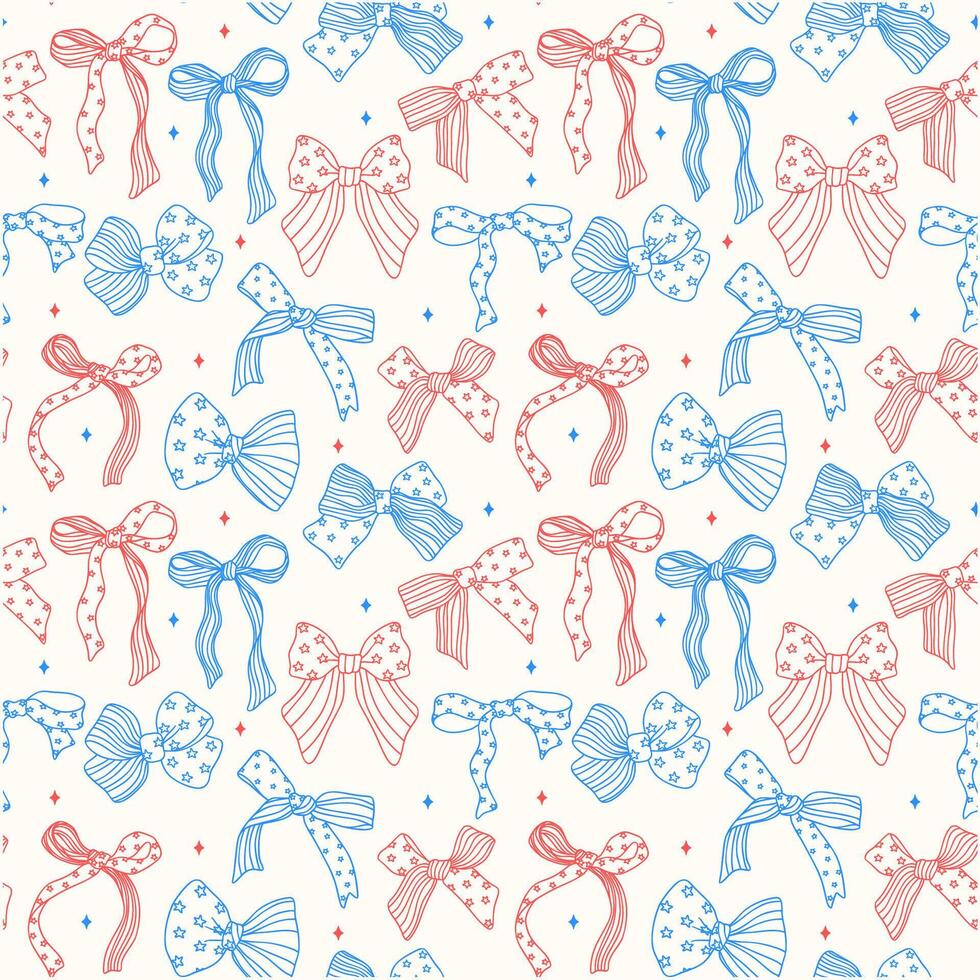 Coquette 4th of July ribbon bow outline seamless pattern retro trendy drawing repeating isolate on cream background vector