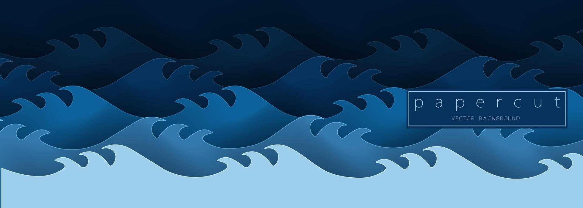 Paper cut deep blue water wave on dark blue background. Cutout minimalistic luxury layered ocean waves . 3D frame icon for posters and flyers, presentation, web, social media, design and banner. vector