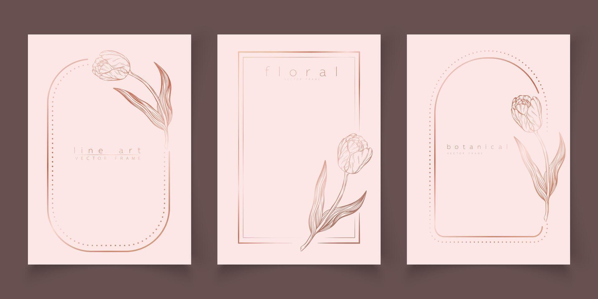 Set of frame templates in minimal linear style with hand drawn tulips. Elegant floral tulip line art border for for labels, corporate identity, wedding invitation, logo, save the date, beauty industry vector