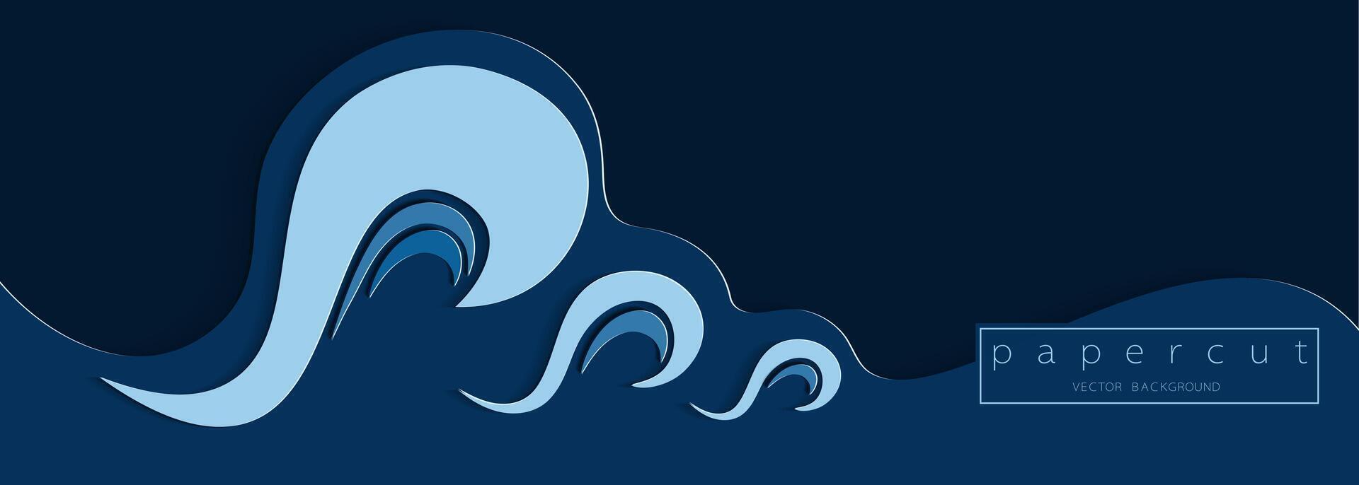 Paper cut deep blue water wave on dark blue background. Cutout minimalistic luxury layered ocean waves . 3D frame icon for posters and flyers, presentation, web, social media, design and banner. vector