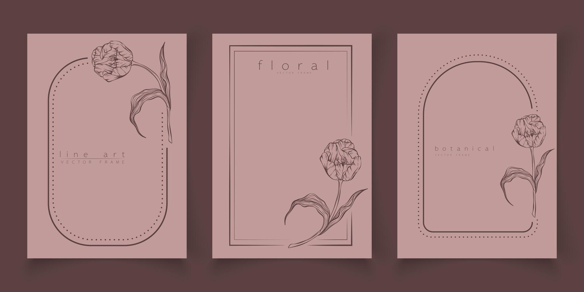 Set of frame templates in minimal linear style with hand drawn tulips. Elegant floral tulip line art border for for labels, corporate identity, wedding invitation, logo, save the date, beauty industry vector