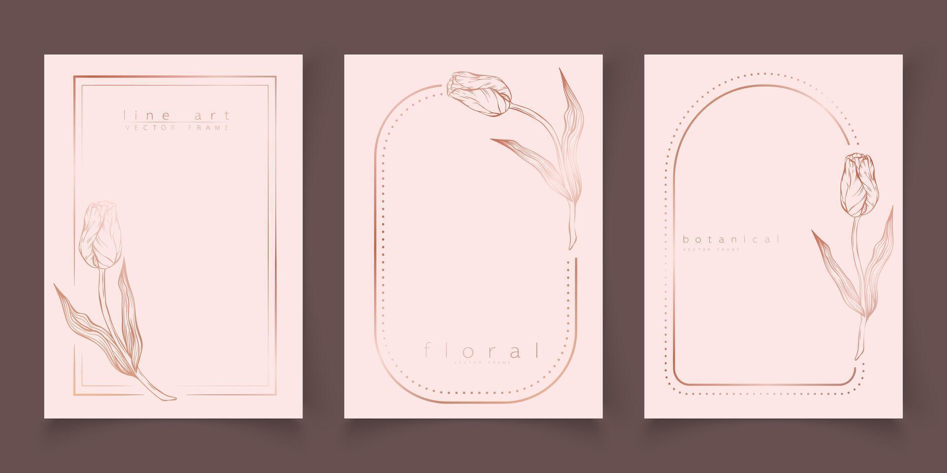 Set of frame templates in minimal linear style with hand drawn tulips. Elegant floral tulip line art border for for labels, corporate identity, wedding invitation, logo, save the date, beauty industry vector