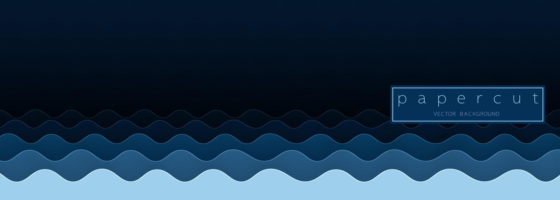 Paper cut deep blue water wave on dark blue background. Cutout minimalistic luxury layered ocean waves . 3D frame icon for posters and flyers, presentation, web, social media, design and banner. vector