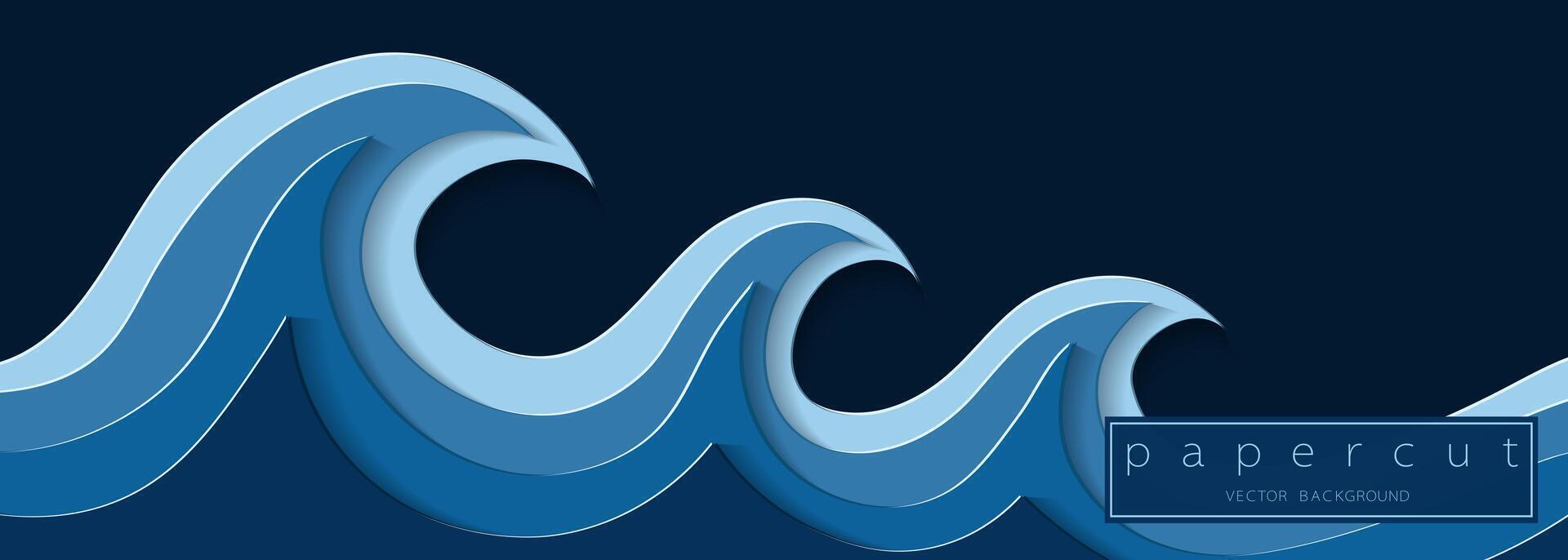 Paper cut deep blue water wave on dark blue background. Cutout minimalistic luxury layered ocean waves . 3D frame icon for posters and flyers, presentation, web, social media, design and banner. vector