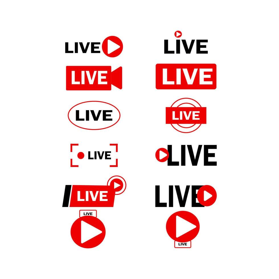 Set of live streaming icons. Red symbols and buttons of live streaming, broadcasting, online stream. Lower third template for tv, shows, movies and live performances. vector