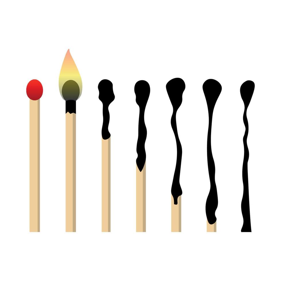 Burning match animation set. A whole wooden match with a sulfur head that burns in stages from ignition to extinction. The sequence of stages of combustion. illustration vector