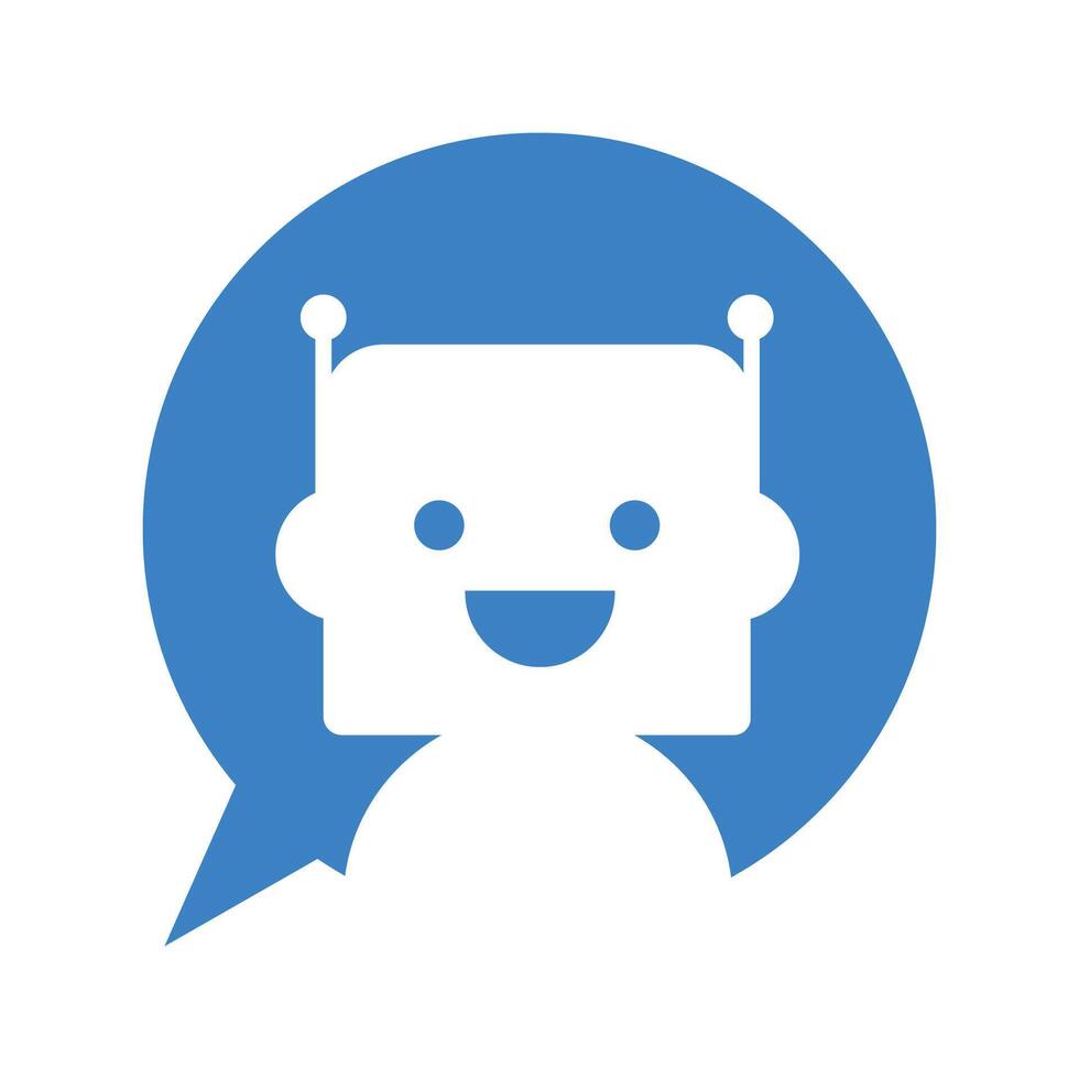 A robot in a blue speech bubble on a white background. Cute robot icon in tooltip. Support bot. illustration vector
