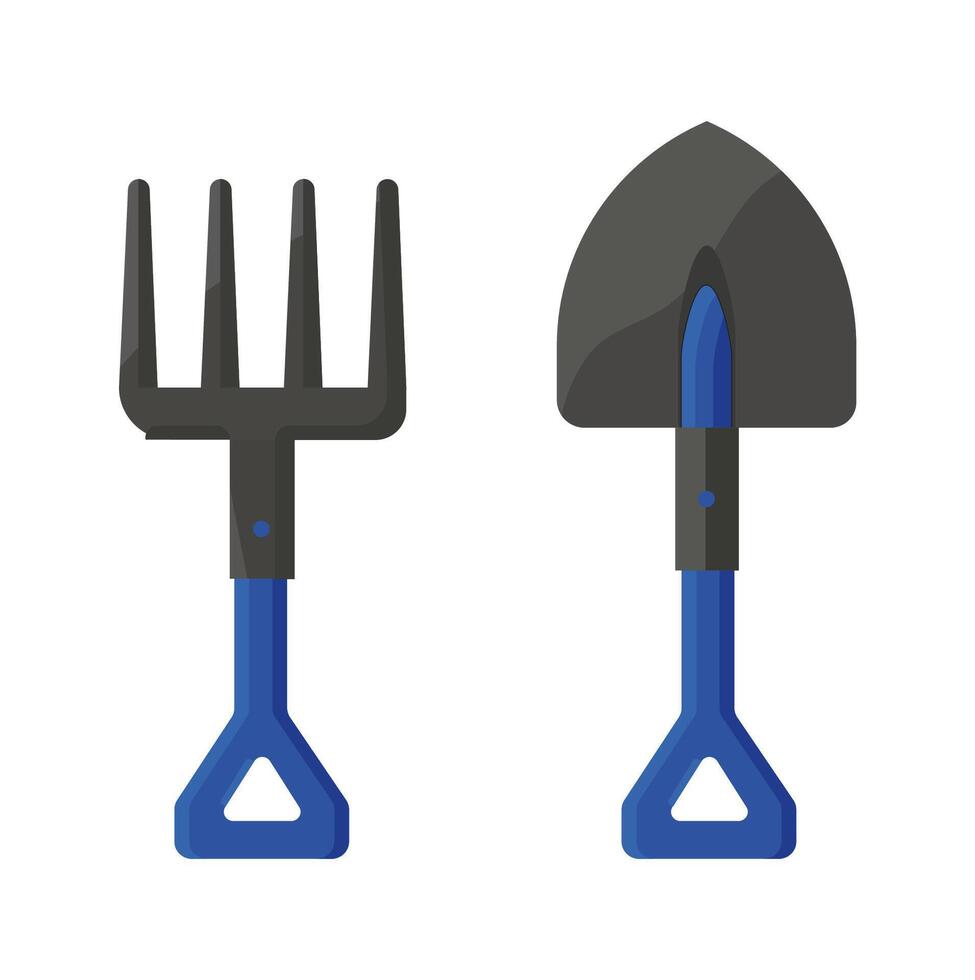 Shovel and rake icon or sign isolated on white background. Gardening tools design. illustration. vector