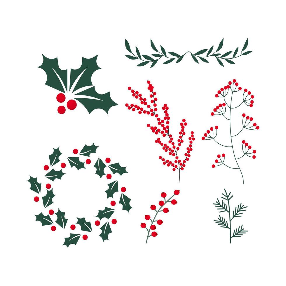 Christmas decorations. Holly, spruce, red berries, Christmas bauble. vector