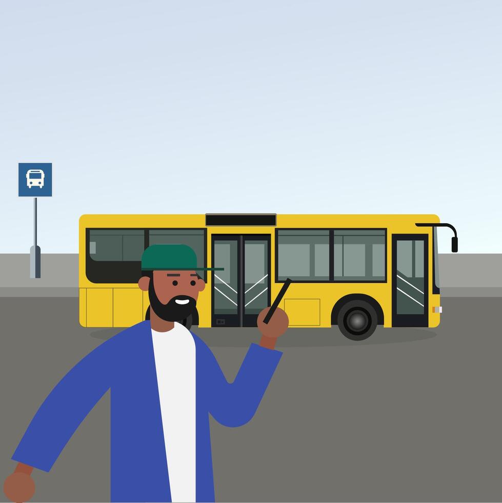 afroamericano joven hombre con un teléfono en pie cerca el autobús en el antecedentes de el ciudad. plano diseño ilustración. vector