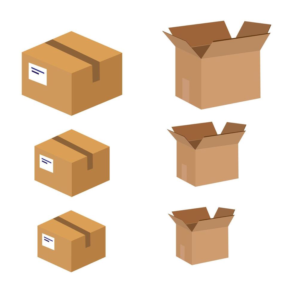 isometric cardboard box set. Collection of isometric cardboard boxes of different types - open box, closed box, boxes with a postal filler. vector