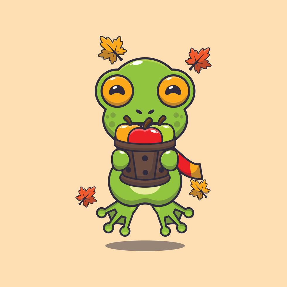 Cute frog holding a apple in wood bucket cartoon illustration. vector